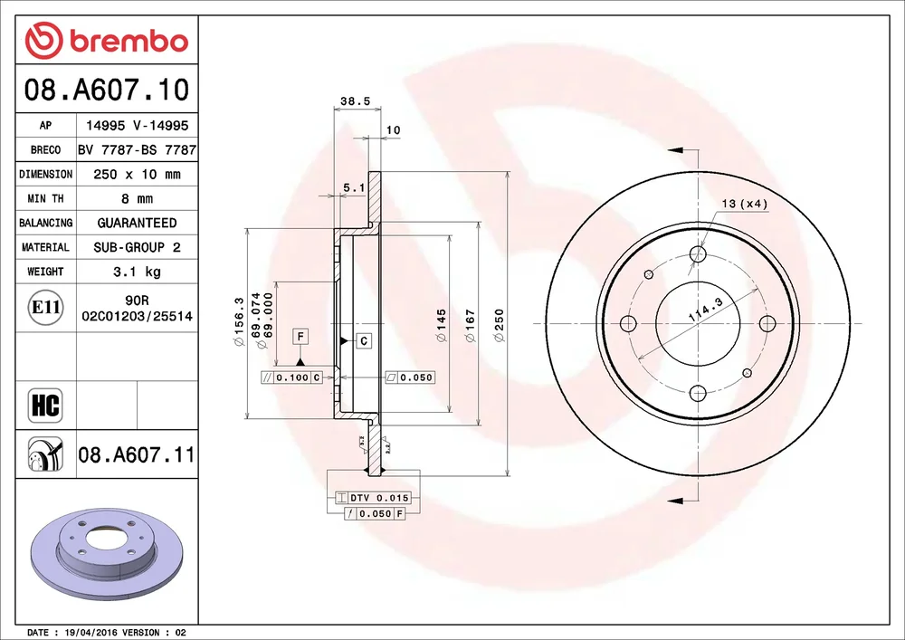 Brzdový kotouč BREMBO 08.A607.11