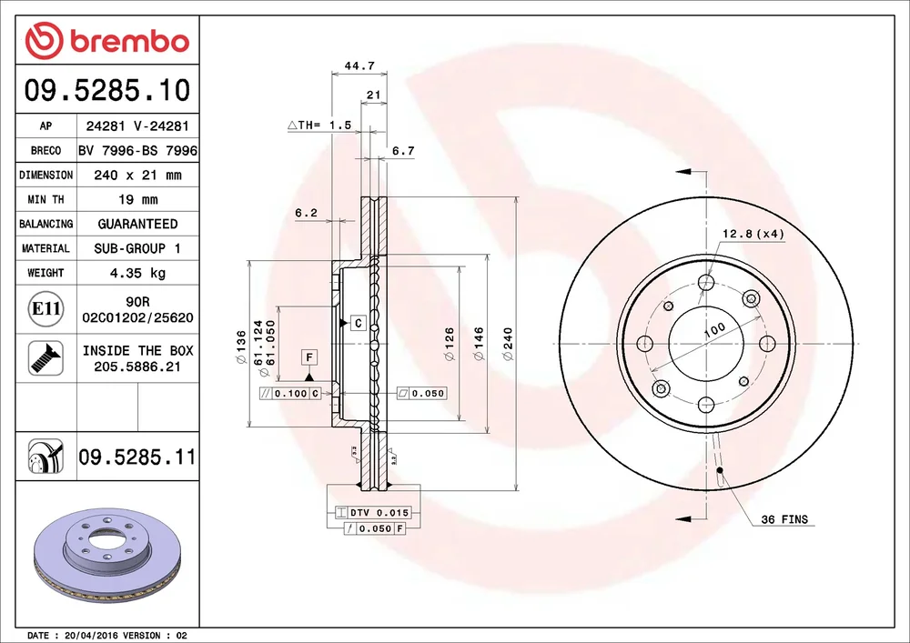 Brzdový kotouč BREMBO 09.5285.11