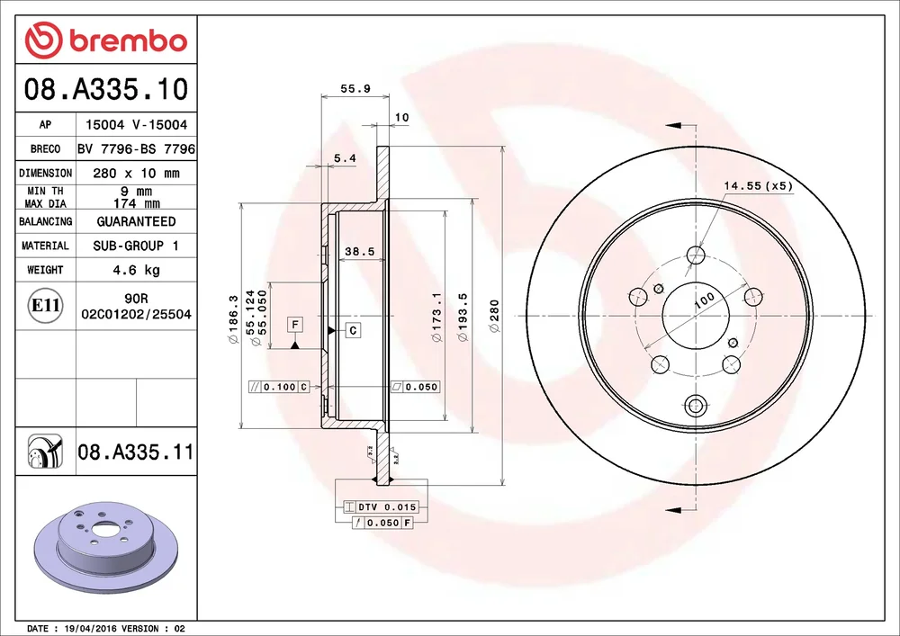 Brzdový kotouč BREMBO 08.A335.11