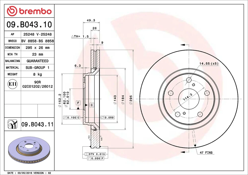 Brzdový kotouč BREMBO 09.B043.10 – OE 435120F030