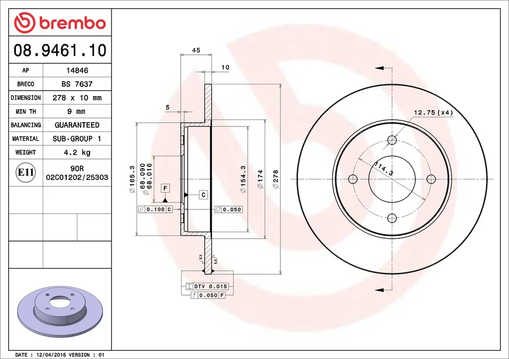 Brzdový kotouč BREMBO 08.9461.10