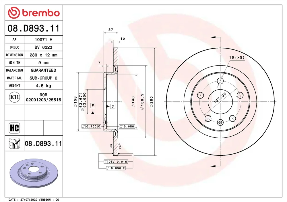 Brzdový kotouč BREMBO 08.D893.11