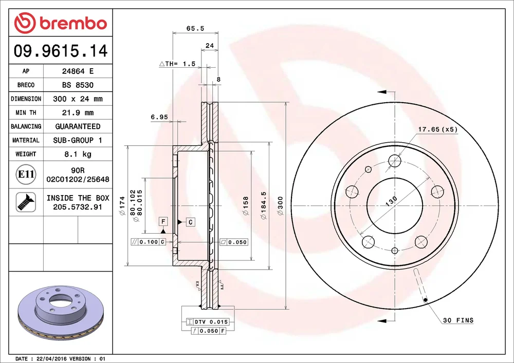 Brzdový kotouč BREMBO 09.9615.14 – OE 4246K2