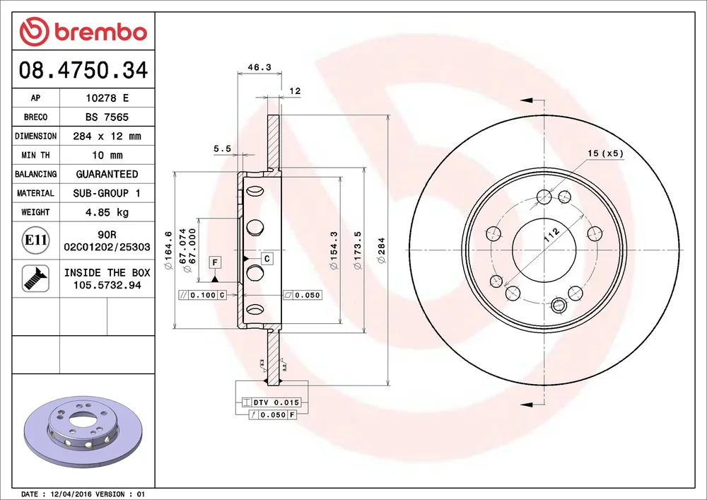 Brzdový kotouč BREMBO 08.4750.34