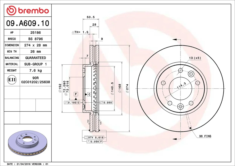 Brzdový kotouč BREMBO 09.A609.10 – OE 0K58B33251
