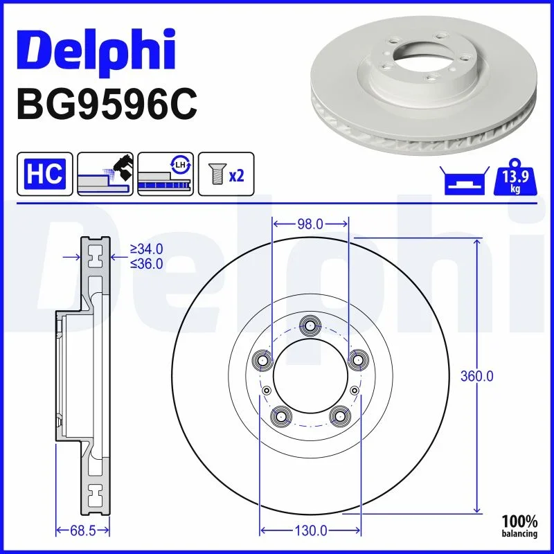 Brzdový kotouč DELPHI BG9596C – OE 9J1615301A